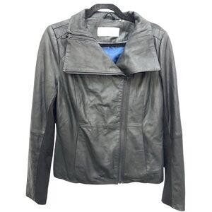 T Tahari Black Leather Angelina Z Double Zip Collar Moto Jacket Medium